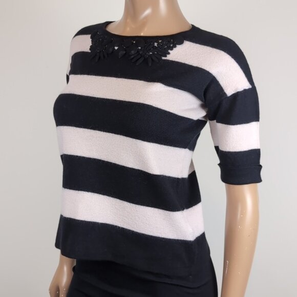 Boden Striped Wool Sweater Short Sleeve Beaded Embellished Cropped Black Ivory - Picture 4 of 9